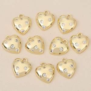Set of 10 gold plated heart pendants with inlaid cubic zirconia for DIY jewelry making