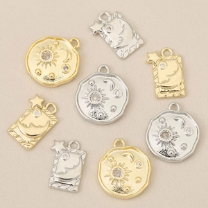 French vintage sun and moon pendants with 18k gold plating and zircon inlay for jewelry DIY