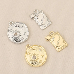 Copper 18K Gold Plated Sun Moon Star Rhinestone Pendant Only (Without Chain) Retro French Style Celestial DIY Jewelry Charm