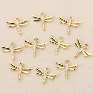 Set of 10 gold plated dragonfly charms with sparkling cubic zirconia for DIY jewelry making