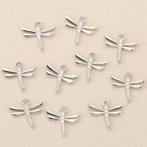 Set of 10 silver dragonfly pendants with sparkling cubic zirconia for DIY jewelry making
