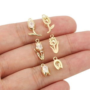 18k gold plated copper tulip charms with sparkling cubic zirconia for DIY jewelry making