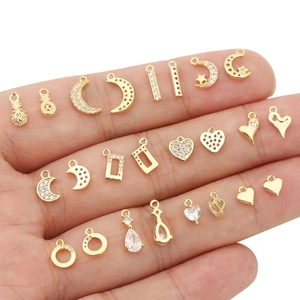 18K gold plated brass charms with zircons in heart moon and star shapes for DIY jewelry