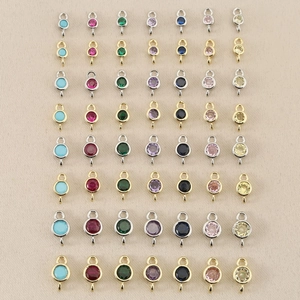 18K Gold Plated Brass Round Birthstone Connector Pendant Circular Double Hole Gemstone Charm For DIY Jewelry Making Accessory