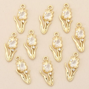 18k gold plated tulip flower pendants with zircon stones for DIY jewelry making