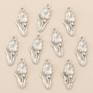 Set of 10 silver tulip flower charms with marquise zircon stones for DIY jewelry making