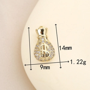 Pendaglio sacchetto di soldi placcato oro 18K con segno dollaro e cristalli, 14x9mm
