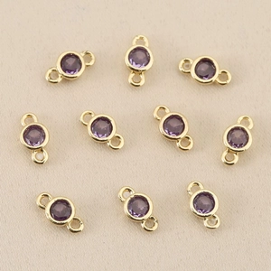 Detail of 18k gold plated purple zircon round double loop connectors for DIY jewelry making