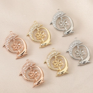 Copper Zirconia Double Dolphin Hugging Flower Pendant Only Without Chain Retro DIY Jewelry Making Accessory For Women