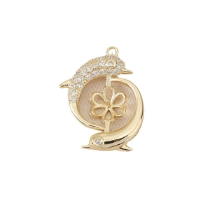 Golden dolphin jewelry pendant setting with white zircon accents and central pearl base