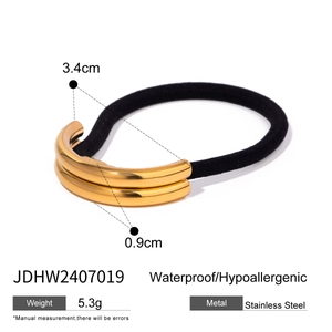 Minimalist black hair tie with polished gold U-shaped stainless steel metal buckle