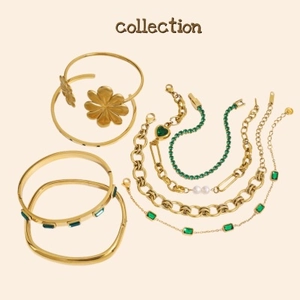 Collection de bijoux en acier inoxydable doré avec bracelets et colliers zircon vert
