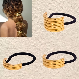 Minimalist gold metal cuff hair ties with black high-elastic bands for women ponytail