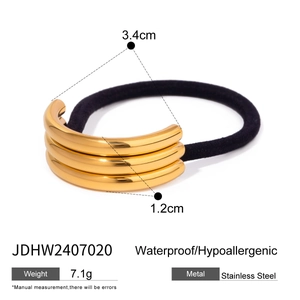 Waterproof gold stainless steel hair tie with polished triple tube metal ornament