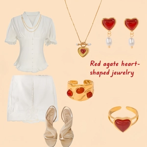 Parure de bijoux en acier doré 18k avec pendentif coeur en agate rouge et boucles