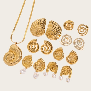 Stainless Steel Sea Snail Shell Pendant Necklace Earrings Ring Set For Women Gold Silver Plated Zirconia Artificial Pearl Jewelry