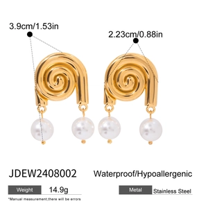 Golden snail textured stainless steel drop earrings with white pearls for women