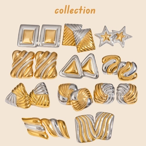 Stainless Steel Two-Tone Geometric Stud Earrings For Women Gold Silver Plated Wavy Triangle Square Star Shape Chic Jewelry