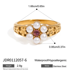 Goldener Edelstahlring im Uhrenarmband-Stil mit Perlenblume und lila Steinbesatz