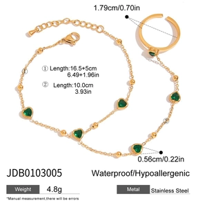 Gold stainless steel hand chain ring with green agate heart charms and detailed measurements