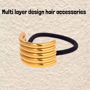 Minimalist multi-layer golden metal hair ring with high elastic black rope accessory