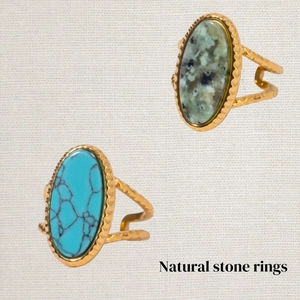 Vintage Stainless Steel Natural Stone Turquoise Ring For Women Gold Plated Bohemian Adjustable Open Ring Waterproof Jewelry