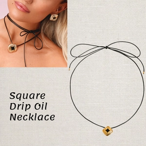 Square black drip oil pendant necklace and earrings set in gold stainless steel