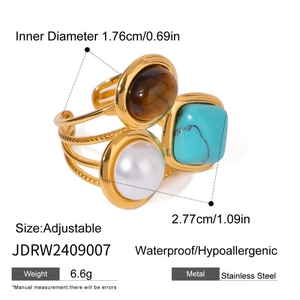 Adjustable golden stainless steel ring with turquoise, pearl and tiger eye stone