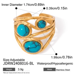 Adjustable golden stainless steel ring with multiple bands and inlaid turquoise stones