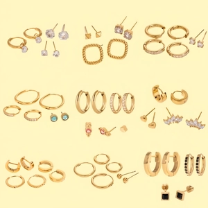 Set of stainless steel gold earrings featuring zircon, pearls and various geometric designs