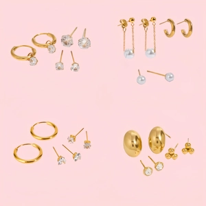 Three-pair gold stainless steel earring set with pearls and sparkling cubic zirconia