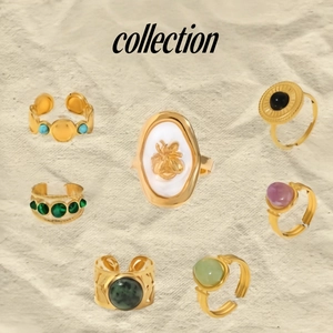 Collection of vintage 18k gold plated stainless steel rings with colorful gemstone inlays