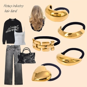 Heavy industry 18k gold stainless steel U-shaped hair band with black elastic rope tie
