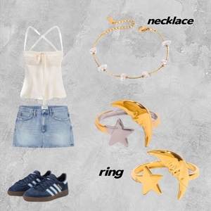 Conjunto de collar de perlas de acero dorado y anillos de luna y estrella para mujer