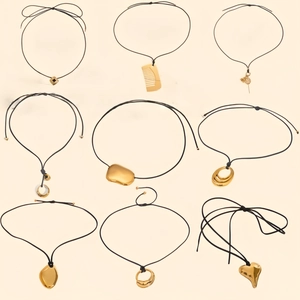 Minimalist gold titanium steel pendant collection with black rope chain necklaces