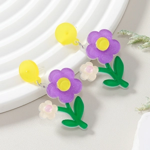 Vibrant floral stud earrings with yellow, purple, and green petals for women