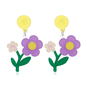 Cute purple and yellow floral drop earrings made of resin for women and girls