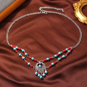 Bohemian silver forehead chain with blue beads and ethnic tassel pendant on silk