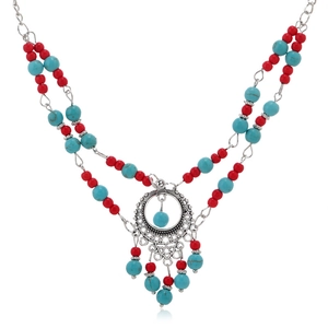 Ethnic bohemian double-layer beaded necklace with silver hollow pendant and colorful tassels