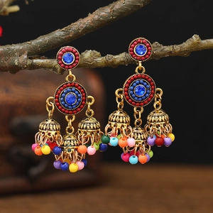 Vintage Bohemian Alloy Jhumka Bell Tassel Drop Earrings For Women Ethnic Rhinestone Bead Dangle Earrings Jewelry Gift