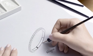 Artistic design sketch of a minimalist eternity band ring with full diamond pavé setting