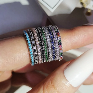 Set of colorful minimalist stackable rings with multicolored zircons for women