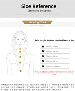 Size chart showing necklace lengths from 35cm to 114cm on various wearing positions