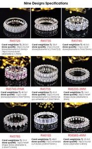 Macro view of nine luxury eternity rings in various cuts with detailed specifications