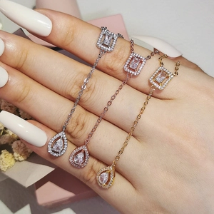 Copper Zirconia Lariat Necklace Rectangle Pear Shaped Pendant Minimalist Y2K Style Long Chain Jewelry For Women Elegant Gift