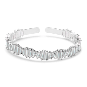 Silver open ring with baguette-cut clear cubic zirconia stones in a geometric design