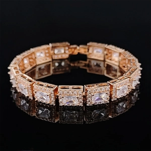 Macro shot of 18K rose gold plated bracelet featuring rectangle cubic zirconia and pavé stones