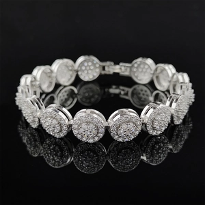 Luxurious silver iced out round link bracelet for women featuring micro-pave white zircon stones