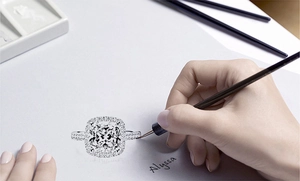 Artistic hand-drawn design sketch of a cushion-cut halo diamond ring in white gold