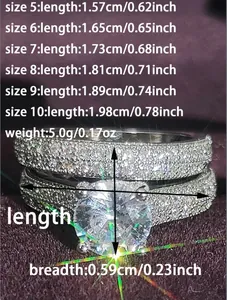 Tabla de tallas detallada para juego de anillos de circonita con medidas y peso exacto